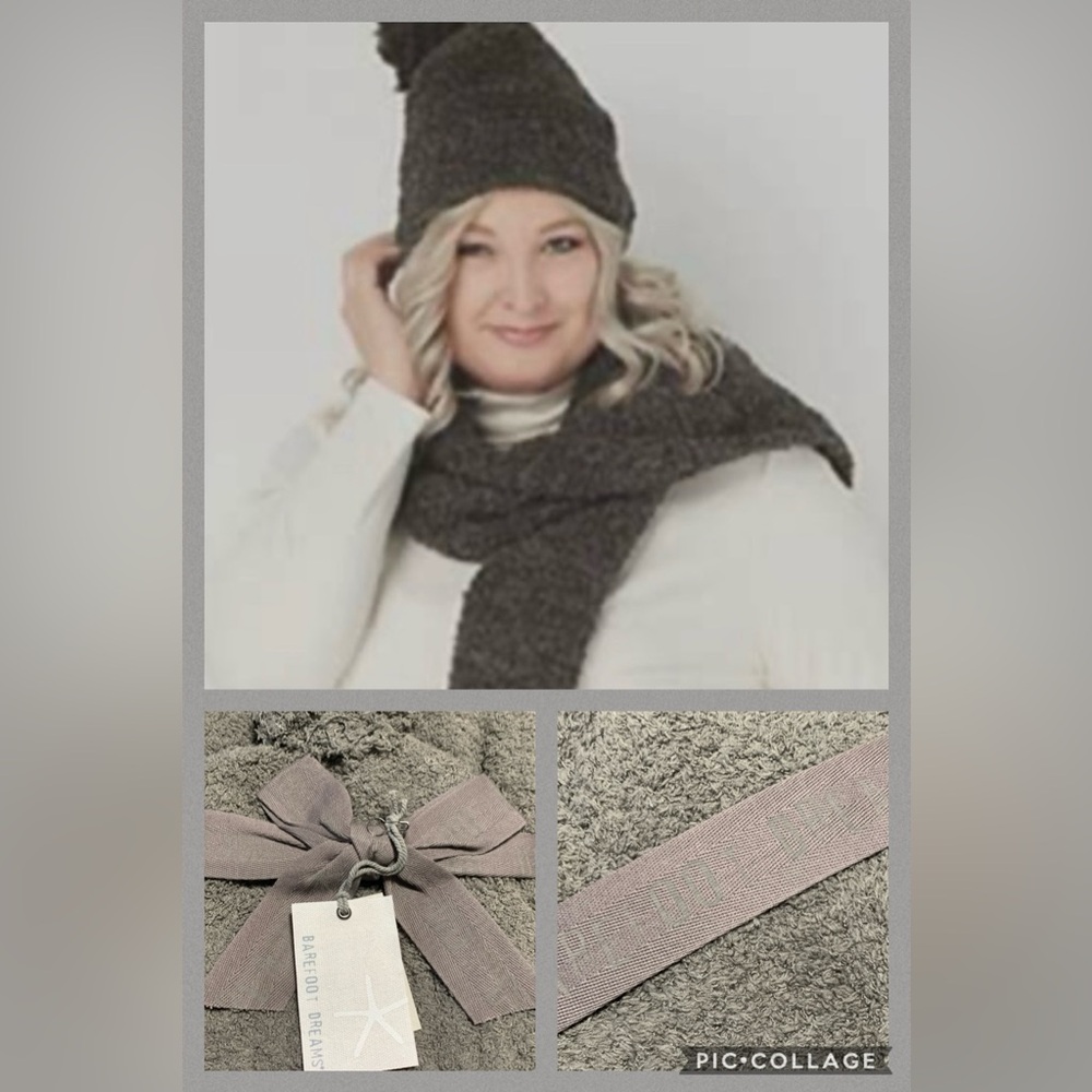 NWT Barefoot Dreams CozyChic Pom-Pom Beanie and Scarf Set in Charcoal Gray - Picture 1 of 5